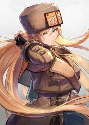 Rule 34 | 1girl, black gloves, blonde hair, blue eyes, breasts, buttons, capelet, coat, commentary request, fingerless gloves, gloves, gradient background, guilty gear, hand up, hat, highres, kuroi susumu, lips, long hair, long sleeves, looking at viewer, medium breasts, millia rage, parted lips, simple background, solo, yellow coat