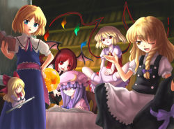 Rule 34 | 5girls, 6+girls, alice margatroid, apron, blonde hair, blue eyes, blush, book, braid, brown eyes, buttons, capelet, chair, crystal, demon girl, demon wings, doll, double-breasted, female focus, flandre scarlet, flying, full body, hat, head wings, holding, holding book, indoors, jitome, kirisame marisa, koakuma, library, long hair, mob cap, multiple girls, nanao yuki, patchouli knowledge, puffy short sleeves, puffy sleeves, purple eyes, purple hair, shanghai doll, short sleeves, single braid, sitting, size difference, standing, table, touhou, very long hair, voile, waist apron, wings, witch hat