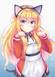Rule 34 | 1girl, animal ears, black skirt, blonde hair, blue eyes, blush, breasts, cat ears, cat tail, commentary request, dress, fake animal ears, gabriel dropout, hair between eyes, hands up, highres, jacket, long hair, looking at viewer, paw pose, red jacket, skirt, small breasts, solo, tail, tenma-gav, gabriel tenma white, track jacket, very long hair, white dress