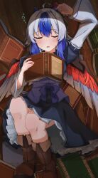 Rule 34 | 1girl, ahoge, bird wings, black dress, blue hair, blue horns, blush, book, boots, brown footwear, closed eyes, dress, feathered wings, floor, grey hair, gunsou1350, head wings, highres, holding, holding book, horns, knee boots, layered sleeves, long sleeves, multicolored hair, open mouth, petticoat, red wings, short hair, short over long sleeves, short sleeves, single head wing, squeans, sleeping, solo, tokiko (touhou), touhou, wings