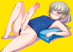 Rule 34 | 10s, 1girl, armpits, asakura mao, barefoot, blonde hair, blue eyes, blush, bosshi, censored, clothing aside, competition school swimsuit, covered erect nipples, embarrassed, erection, feet, flat chest, futabu, futanari, grey hair, hair ribbon, has uncensored version, huge penis, kickboard, leg up, long hair, looking at viewer, lying, mosaic censoring, no testicles, on back, one-piece swimsuit, penis, precum, ribbon, school swimsuit, shadow, simple background, sketch, solo, solo focus, swimsuit, swimsuit aside, tiptoes, toes, twintails, veins, veiny penis, yellow background