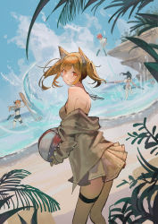 Rule 34 | 4girls, absurdres, animal ears, arknights, ball, bandeau, beach, beachball, bikini, black bandeau, black bikini, black hair, black skirt, blonde hair, blue sky, blush, casual one-piece swimsuit, cliff, cow horns, croissant (arknights), croissant (seeker) (arknights), detached wings, dual wielding, dutch angle, energy wings, exusiai (arknights), halo, highres, holding, holding ball, holding beachball, holding sword, holding weapon, horns, jacket, leaf, long hair, looking at viewer, multicolored hair, multiple girls, natsuba002, no tail, off shoulder, official alternate costume, one-piece swimsuit, orange eyes, orange hair, outdoors, ponytail, red hair, red one-piece swimsuit, shield, short hair, skirt, sky, smile, solo focus, sora (arknights), sora (summer flowers) (arknights), streaked hair, swimsuit, sword, texas (arknights), thigh strap, twintails, water gun, weapon, white bikini, white jacket, wings, wolf ears, wolf girl