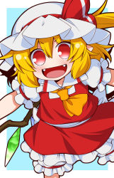 Rule 34 | &gt;:d, 1girl, :d, arm garter, ascot, blonde hair, bloomers, blue background, bow, chibi, cowboy shot, crystal, eichi yuu, fangs, flandre scarlet, frilled skirt, frills, hair between eyes, hat, hat bow, hat ribbon, looking at viewer, mob cap, no nose, open mouth, puffy short sleeves, puffy sleeves, red eyes, red ribbon, red skirt, red vest, ribbon, short sleeves, side ponytail, skirt, smile, solo, touhou, underwear, v-shaped eyebrows, vest, white hat, wings