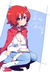Rule 34 | 1girl, alternate hair length, alternate hairstyle, bad hand, black thighhighs, blue choker, blue skirt, breasts, cape, character name, choker, cleavage, crossed arms, full body, hys-d, little witch academia, looking at viewer, medium breasts, red cape, red eyes, red hair, shiny chariot, skirt, smile, solo, squatting, thighhighs
