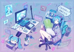 1girl ahoge animal_ear_headphones animal_ears bag blue_hair book box bulletin_board cat_ear_headphones cellphone computer_mouse cup drawing_tablet english_text fake_animal_ears figure fingernails food gradient_background grey_shirt guitar hatsune_miku headphones highres instrument long_hair long_sleeves monitor mug nail_polish open_book phone pocky poster_(object) shirt sitting smartphone speech_bubble spring_onion stuffed_food swivel_chair toenail_polish toenails twintails vocaloid yellowking_hiro