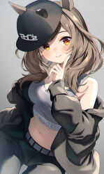 1girl animal_ears bare_shoulders baseball_cap black_hat black_jacket black_pants blush breasts brown_hair cleavage closed_mouth commentary_request ears_through_headwear grey_background hand_up hat highres horse_ears index_finger_raised jacket long_hair long_sleeves matikane_tannhauser_(boc&#039;z)_(umamusume) matikane_tannhauser_(umamusume) medium_breasts meyamu navel off_shoulder open_clothes open_jacket pants puffy_long_sleeves puffy_sleeves red_eyes simple_background smile solo tilted_headwear umamusume