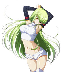 Rule 34 | 1girl, arm warmers, armpits, arms up, bare shoulders, breasts, c.c., code geass, commentary request, cowboy shot, crop top, green hair, highres, long hair, looking at viewer, medium breasts, midriff, navel, open fly, shirt, short shorts, shorts, simple background, sleeveless, sleeveless shirt, solo, stomach, thigh gap, thighhighs, thighs, very long hair, white background, white shirt, white shorts, white thighhighs, yellow eyes, yu-ta