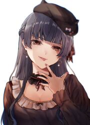 Rule 34 | 1girl, beret, black choker, black hair, black hat, blunt bangs, braid, breasts, brown eyes, choker, cleavage, collarbone, commentary, earrings, french braid, frilled choker, frills, hat, head tilt, idolmaster, idolmaster shiny colors, itagaku, jewelry, long hair, long sleeves, looking at viewer, mayuzumi fuyuko, medium breasts, nail polish, pink nails, red ribbon, ribbon, ribbon choker, shade, shadow, simple background, solo, tongue, tongue out, upper body, white background