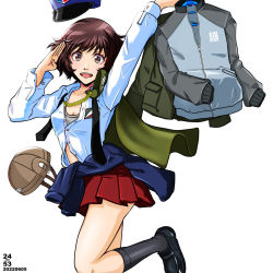 Rule 34 | 1girl, akiyama yukari, alternate costume, anzio school uniform, arm up, artist logo, bc freedom military uniform, bc freedom school uniform, black footwear, black socks, blue hat, blue jacket, bonple military uniform, brown eyes, brown hair, brown hat, chi-hatan military uniform, clothes around waist, commentary, dated, disguise, dress shirt, fourragere, girls und panzer, grey sports bra, hat, helmet, holding, holding clothes, jacket, keizoku military uniform, kepi, kuromorimine military uniform, leg up, loafers, looking at viewer, loose necktie, messy hair, military hat, miniskirt, necktie, nishi itsumi, open mouth, partially unbuttoned, pleated skirt, red skirt, salute, saunders military uniform, saunders school uniform, school uniform, shirt, shoes, short hair, simple background, skirt, smile, socks, solo, sports bra, standing, standing on one leg, textless version, track jacket, white background, white shirt