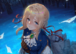 Rule 34 | 10s, 1girl, ascot, blonde hair, blue eyes, blue jacket, blush, braid, braided bun, brooch, crying, crying with eyes open, dress, envelope, forest, from above, gloves, hair between eyes, hair bun, hair intakes, hair ribbon, hand on own chest, holding own arm, jacket, jewelry, letter, long hair, long sleeves, looking at viewer, love letter, nature, night, outdoors, raijuu (bakanara), red ribbon, ribbon, sad, snow, snowflakes, snowing, solo, tears, violet evergarden, violet evergarden (series), white ascot