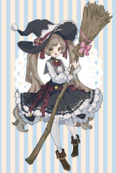 Rule 34 | 1girl, :d, absurdres, black hat, black skirt, blush, boots, bow, broom, brown eyes, brown footwear, brown hair, commentary request, frilled skirt, frills, full body, hair bow, hakozaki serika, hat, highres, holding, holding broom, idolmaster, idolmaster million live!, idolmaster million live! theater days, long hair, long sleeves, looking at viewer, mola mola, open mouth, pantyhose, pleated skirt, puffy long sleeves, puffy sleeves, red bow, shirt, skirt, sleeves past wrists, smile, solo, striped, striped background, twintails, vertical stripes, very long hair, white pantyhose, white shirt, witch hat