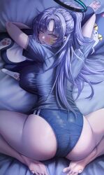 Rule 34 | 1girl, absurdres, ass, barefoot, blue archive, blue buruma, buruma, from behind, gym shirt, gym uniform, halo, highres, legs folded, long hair, looking at viewer, looking back, lying, no shoes, nompang, official alternate costume, on stomach, parted bangs, ponytail, purple hair, shirt, spread legs, star sticker, sticker, sticker on face, stuffed toy, taut clothes, taut shirt, yuuka (blue archive), yuuka (track) (blue archive)