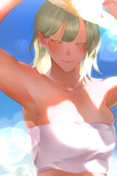 Rule 34 | 1girl, armpits, arms up, blonde hair, blue sky, blurry, bokeh, breasts, closed eyes, closed mouth, collarbone, colored eyelashes, day, depth of field, dungeon meshi, falin touden, falin touden (tallman), hair behind ear, hand on headwear, haneul (csky), hat, highres, korean commentary, large breasts, midriff, short hair, skindentation, sky, smile, solo, strapless, straw hat, tube top, upper body, white tube top