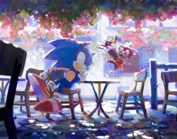 Rule 34 | 2boys, animal ears, animal nose, artist name, blue fur, brown eyes, chair, chip (sonic), closed mouth, crossed arms, door, flower, flying, food, fruit, furry, furry male, gloves, gold trim, green eyes, hand on own face, hand up, hedgehog, hedgehog ears, hedgehog tail, highres, holding, holding food, holding ice cream, house, ice cream, iyo (1eavethebus), leaf, looking at another, male focus, mini wings, multiple boys, open mouth, open window, orange (fruit), orange slice, outdoors, pink flower, pink fur, raspberry, red footwear, shadow, shoes, sitting, smile, sneakers, socks, sonic (series), sonic the hedgehog, sonic unleashed, table, tail, tongue, white gloves, white socks, window, wings