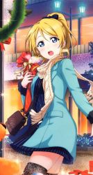 Rule 34 | 1girl, aqua coat, artist name, artist request, ayase eli, bag, black legwear, blonde hair, blue bow, blue eyes, blue shirt, blue skirt, blush, bow, breasts, brown scarf, coat, dress, dress shirt, female focus, gift, gift bag, hair between eyes, handbag, high ponytail, highres, holding, holding gift, light brown scarf, long hair, long sleeves, looking at viewer, love live!, love live! school idol festival, love live! school idol project, medium breasts, miniskirt, outdoors, parted lips, plaid, plaid skirt, pleated, pleated skirt, ponytail, scarf, shirt, shoulder bag, skirt, smile, solo, striped bow, striped clothes, striped shirt, vertical-striped clothes, vertical-striped shirt