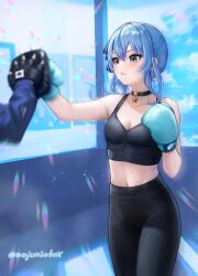 1girl 1other absurdres alternate_costume black_pants blue_choker blue_eyes blue_hair blue_ribbon blue_sports_bra boxing boxing_gloves breasts choker cleavage collarbone commentary double-parted_bangs flat_chest focus_mitts hair_between_eyes hair_ribbon high-waist_pants highres hololive hoshimachi_suisei indoors medium_hair midriff motion_blur navel pants punching revision ribbon side_ponytail single_sidelock small_breasts solo_focus sports_bra star_(symbol) star_choker star_in_eye sweat symbol_in_eye teeth training virtual_youtuber wajuniorbox window yoga_pants