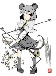 Rule 34 | 1girl, animal ears, basket, blush, female focus, full body, grey hair, lowres, mouse (animal), mouse ears, mouse tail, nazrin, ooide chousuke, shoes, short hair, simple background, socks, solo, standing, tail, touhou, white background
