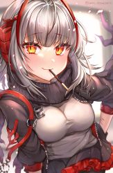 Rule 34 | 1girl, ahoge, antennae, arknights, black gloves, black jacket, black scarf, black skirt, breasts, demon horns, food, food in mouth, gloves, grey shirt, highres, horns, jacket, large breasts, leaning forward, looking at viewer, mouth hold, nyamaso, open clothes, open jacket, pocky, red eyes, scar, scar on arm, scarf, shirt, short hair, silver hair, skirt, solo, standing, twitter username, w (arknights)