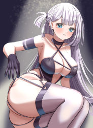 Rule 34 | 1girl, absurdres, arm strap, asymmetrical hair, azuma (sospower73), azur lane, bare shoulders, blue eyes, breasts, center opening, cleavage, criss-cross halter, dress, gloves, halter dress, halterneck, highres, large breasts, looking at viewer, lying, mole, mole under eye, on side, pulled by self, purple gloves, race queen, race vehicle, revealing clothes, shoukaku (azur lane), shoukaku (sororal wings) (azur lane), solo, strap pull, thighhighs, white hair, white thighhighs