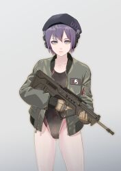 Rule 34 | 1girl, alternate costume, assault rifle, beret, black one-piece swimsuit, bomber jacket, brown gloves, bullpup, closed mouth, commentary request, competition swimsuit, copyright name, cowboy shot, gloves, gradient background, green jacket, grey background, gun, hat, highres, holding, holding gun, holding weapon, iwi tavor, jacket, jacket over swimsuit, long sleeves, looking at viewer, maki (nasulily), musical note, one-piece swimsuit, open clothes, open jacket, patch, purple eyes, purple hair, rifle, robot ears, serious, short hair, solo, standing, swimsuit, two-handed, utane uta, utau, weapon