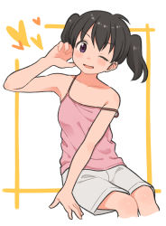 Rule 34 | 1girl, ahoge, bare shoulders, black hair, blush stickers, camisole, collarbone, commentary, cropped legs, grey shorts, hand up, heart, highres, invisible chair, kuraue hinata, looking at viewer, meis (terameisu), one eye closed, open mouth, pink camisole, purple eyes, revision, short hair, shorts, sitting, sketch, smile, solo, spaghetti strap, strap slip, twintails, white background, yama no susume