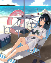 Rule 34 | 1girl, absurdres, bare legs, barefoot, beach, bendy straw, black hair, blue eyes, blue sky, breasts, bucket, cellphone, chair, cloud, cloudy sky, commentary request, cooler, cup, day, digital media player, drink, drinking glass, drinking straw, hand on own stomach, headphones, highres, horizon, innertube, long hair, looking at viewer, lounge chair, medium breasts, mountain, nuqura, ocean, original, outdoors, phone, pink innertube, sand, sand castle, sand sculpture, shadow, shirt, short sleeves, shovel, sky, smartphone, solo, swim ring, table, transparent, water, white shirt