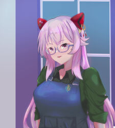 Rule 34 | 1girl, apron, arms at sides, assault lily, bespectacled, blue apron, breasts, buttons, collared shirt, commentary, endou araya, glasses, green shirt, hairpods, highres, long hair, looking ahead, medium breasts, nanakusa yukiusagi, parted lips, pink-framed eyewear, pink eyes, pink hair, semi-rimless eyewear, shirt, sleeves past elbows, sleeves pushed up, smile, solo, under-rim eyewear, upper body, window
