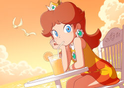 Rule 34 | 1girl, bare arms, bird, blush, brooch, brown hair, chair, crown, drink, drinking, earrings, expressionless, flower earrings, food, fruit, goonie, highres, jewelry, lemon, looking at viewer, mario (series), mario golf, mario golf: world tour, nintendo, princess daisy, sitting, skirt, straw, sunset, tomboy, water