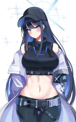 Rule 34 | 1girl, absurdres, armband, bare shoulders, baseball cap, belt, black belt, black hair, black hat, black pants, black shirt, blue archive, blue eyes, blush, breasts, buckle, chest harness, closed mouth, commentary, commission, cowboy shot, crop top, groin, halo, harness, has bad revision, has downscaled revision, hat, highres, jacket, long hair, long sleeves, looking at viewer, md5 mismatch, midriff, navel, off shoulder, pants, pixiv commission, resolution mismatch, saori (blue archive), shirt, sidelocks, simple background, sleeveless, sleeveless shirt, snap-fit buckle, solo, source smaller, sparkle, standing, sylph kim, thigh gap, turtleneck, underbust, white background