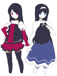 Rule 34 | 2015, 2girls, bare shoulders, black choker, black legwear, blue eyes, breasts, choker, commentary, feet out of frame, hairband, hand on own hip, hand on own chest, long sleeves, looking at viewer, metata, multiple girls, neck ribbon, original, puffy long sleeves, puffy sleeves, red eyes, ribbon, sketch, smile, thighhighs, white background, white hairband, white legwear, white sleeves