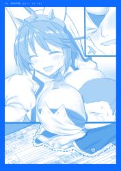 Rule 34 | 1boy, 1girl, ^ ^, animal ears, blue theme, blush, breasts, buzz cut, cleavage, closed eyes, commentary, commentary request, dress, elphelt valentine, girls&#039; frontline, highres, himura kiseki (style), large breasts, long hair, monochrome, peagunz, pen, short hair, smile, sweatdrop, translation request, trembling, very short hair, wedding dress