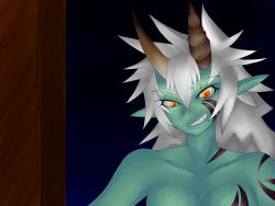 Rule 34 | breasts, cleavage, colored skin, green skin, horns, monster girl, monster girl encyclopedia, ogre, ogre (monster girl encyclopedia), pointy ears, slit pupils, smile, tattoo, white hair, yellow eyes