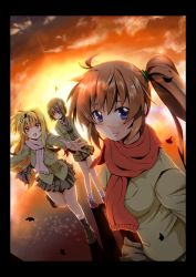 Rule 34 | 00s, 3girls, absurdres, blue eyes, border, fate testarossa, highres, long hair, lyrical nanoha, mahou shoujo lyrical nanoha, mahou shoujo lyrical nanoha a&#039;s, multiple girls, outstretched arm, outstretched hand, reaching, red eyes, red scarf, scarf, school uniform, side ponytail, sunset, takamachi nanoha, totsuki tooka, very long hair, yagami hayate