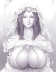 Rule 34 | 1girl, breasts, cleavage, closed eyes, dark souls (series), dark souls i, dress, greyscale, large breasts, long hair, materclaws, monochrome, queen of sunlight gwynevere, smile, solo, upper body, veil