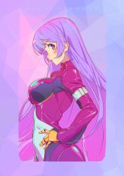 Rule 34 | 1girl, absurdres, belt, blue hair, bodysuit, breasts, character name, cowboy shot, gloves, hand on own hip, highres, kula diamond, long hair, looking at viewer, medium breasts, minisky01, purple background, purple eyes, simple background, the king of fighters