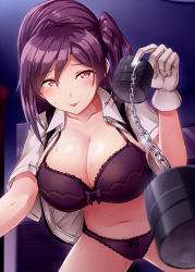 Rule 34 | 1girl, black vest, bra, breasts, brown eyes, chain, cleavage, collarbone, gloves, hagikaze (kancolle), highres, holding, kamelie, kantai collection, large breasts, long hair, navel, one eye closed, open clothes, open shirt, open vest, panties, purple bra, purple hair, purple panties, shirt, short sleeves, smile, solo, tongue, tongue out, underwear, vest, white gloves, white shirt