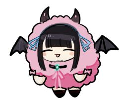 Rule 34 | 1girl, :3, alternate costume, black hair, black horns, black wings, blue ribbon, blunt bangs, blush stickers, chibi, closed eyes, commentary request, cosplay, demon horns, demon wings, denonbu, facing viewer, floating, full body, horns, open mouth, pink ribbon, pomemori, pomemori (cosplay), reml, ribbon, simple background, smile, solo, tsuzutsu, white background, wings