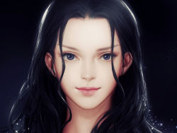 Rule 34 | 1girl, black background, black hair, blue eyes, closed mouth, eyelashes, kdash, lens flare, light particles, lips, long hair, looking at viewer, nico robin, one piece, portrait, realistic, smile, solo, sparkle, spot color