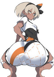 Rule 34 | 1girl, ass, barefoot, bea (pokemon), bow, breasts, creatures (company), dark-skinned female, dark skin, female focus, game freak, grey eyes, hair bow, looking at viewer, looking back, nintendo, nuezou, pokemon, pokemon swsh, short hair, silver hair, simple background, small breasts, solo, squatting, unfinished, white background