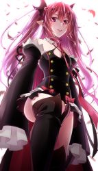 Rule 34 | 10s, 1girl, absurdres, artist request, black footwear, boots, breasts, cleavage, dress, hair between eyes, highres, knee boots, krul tepes, long hair, looking at viewer, md5 mismatch, open mouth, owari no seraph, pink hair, pointy ears, resolution mismatch, simple background, small breasts, solo, source smaller, thighhighs, two side up, white background