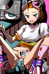 anal anus arm_behind_leg arm_up bearded_uncle breasts brown_eyes censored censored_urethra cum cum_on_body emi_(fighting_vipers) fighting_vipers goggles goggles_on_head headgear light_blush looking_at_viewer multicolored_shirt no_panties orange_hair pussy sega sex_toy short_hair sitting small_breasts smile solo solo_focus spread_legs sticker_on_face stuffed_animal stuffed_toy teddy_bear