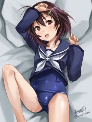 Rule 34 | 1girl, arm over head, artist name, bad id, bad twitter id, barefoot, bed, blue sailor collar, blue shirt, brave witches, brown eyes, brown hair, cowboy shot, hair ornament, hairclip, haruhata mutsuki, karibuchi hikari, looking at viewer, lying, one-piece swimsuit, open mouth, pillow, sailor collar, sailor shirt, school swimsuit, shirt, short hair, smile, solo, swimsuit, twitter username, world witches series