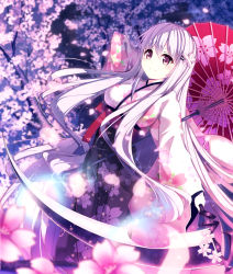 Rule 34 | 1girl, blush, cherry blossoms, female focus, flower, hair flower, hair ornament, hairclip, highres, japanese clothes, kimono, kokkeina budou, kyouou ena, long hair, long sleeves, looking at viewer, original, purple eyes, smile, solo, traditional clothes, umbrella, white hair