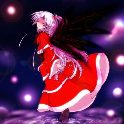 Rule 34 | 1girl, dress, female focus, hair bobbles, hair ornament, highres, long hair, mystic square, one eye closed, shinki (touhou), shoes, side ponytail, grey eyes, silver hair, solo, touhou, touhou (pc-98), tsunogiri, wings, wink
