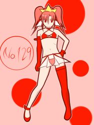Rule 34 | 1girl, asymmetrical footwear, asymmetrical gloves, boots, bra, creatures (company), fins, furuaki, game freak, gen 1 pokemon, gloves, hand on own hip, head fins, long hair, looking at viewer, lowres, magikarp, midriff, mismatched footwear, mismatched gloves, navel, nintendo, panties, personification, pink background, pink hair, pokemon, pokemon rgby, polka dot, polka dot background, red bra, red eyes, red footwear, red gloves, red panties, see-through, shoes, single boot, single shoe, skirt, smile, standing, thigh boots, thighhighs, tiara, twintails, underwear, white skirt