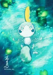 Rule 34 | afloat, bright pupils, closed mouth, commentary request, creatures (company), day, expressionless, from above, game freak, gen 8 pokemon, green eyes, highres, lily pad, nintendo, no humans, outdoors, pokemon, pokemon (creature), sobble, solo, twitter username, uyumaru art, water, watermark