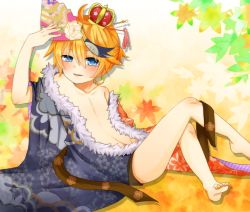 Rule 34 | 1boy, blonde hair, blue eyes, blush, child, collarbone, crown, floral print, fur, gigantic o.t.n (vocaloid), hand fan, japanese clothes, kagamine len, male focus, multicolored hair, nail polish, navel, obi, open clothes, open mouth, sash, smile, solo, taiya, toenail polish, toenails, traditional clothes, vocaloid, yellow nails