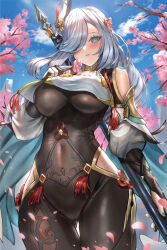 Rule 34 | 1girl, blue eyes, breasts, cherry blossoms, cowboy shot, genshin impact, grey hair, hair ornament, hair over one eye, highres, himonoata, large breasts, long hair, looking at viewer, one eye covered, outdoors, parted lips, shenhe (genshin impact), thigh gap