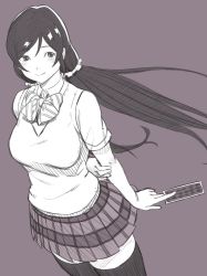 Rule 34 | 1girl, arm behind back, blush, bow, bowtie, breasts, card, closed mouth, collared shirt, long hair, looking at viewer, love live!, love live! school idol project, medium breasts, miniskirt, monochrome, school uniform, shirt, simple background, skirt, smile, solo, standing, striped bow, striped bowtie, striped clothes, thighhighs, tojo nozomi, turiganesou800