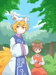 Rule 34 | 2girls, animal ears, blonde hair, blue tabard, bow, bowtie, brown eyes, brown hair, cat ears, chen, cloud, commentary request, day, forest, fox ears, fox tail, gold trim, hands in opposite sleeves, hat, height difference, highres, looking afar, looking down, looking to the side, mob cap, multiple girls, multiple tails, nature, outdoors, petite, red skirt, red vest, short hair, skirt, skirt set, sky, slit pupils, tabard, tail, tassel, touhou, tree, user tsnj8582, vest, white bow, white bowtie, yakumo ran, yellow eyes